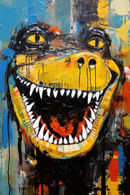 a painting of a smiling tiger with a yellow mouth and teeth.