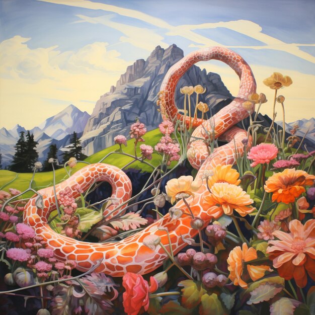 Painting of a snake and flowers in a field with mountains in the background generative ai