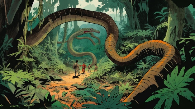 A painting of a snake in the jungle