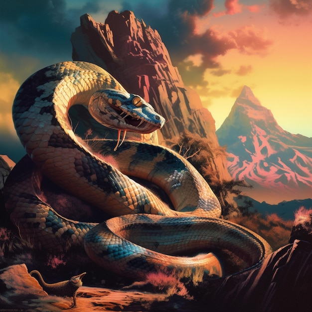 A painting of a snake with a mountain in the background