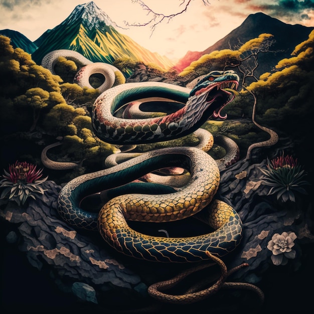 A painting of a snake with the words " the snake " on it