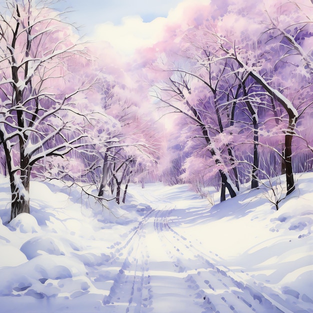 a painting of a snow covered road with a purple and pink tree.