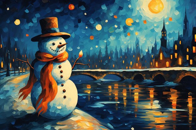 Painting of a snowman in a hat and scarf standing on a bridge generative ai