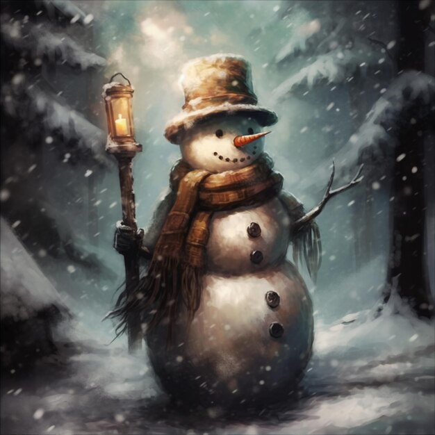 painting of a snowman holding a lantern in a snowy forest generativ ai