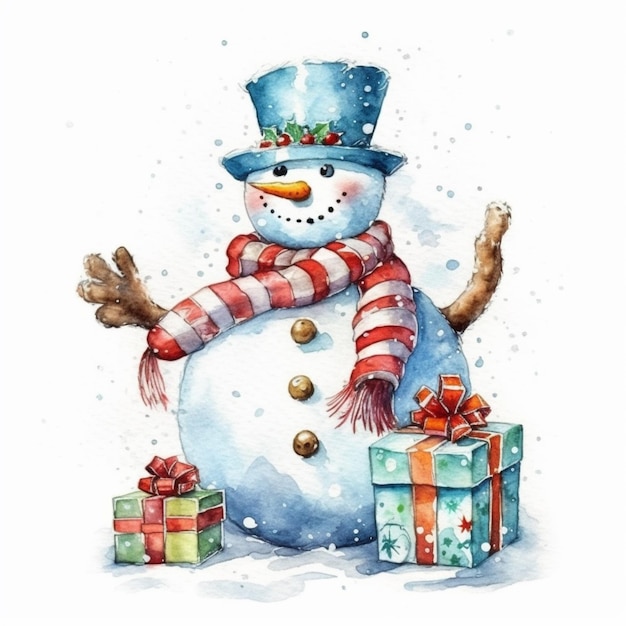 A painting of a snowman with presents in the snow generative ai