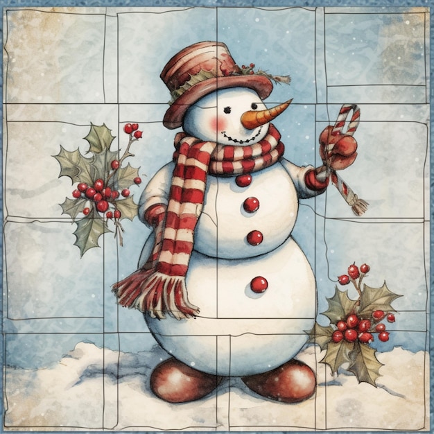 painting of a snowman with a red scarf and a bird generative ai