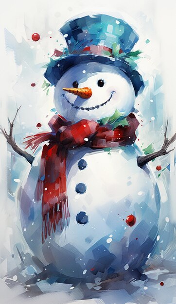 Painting of a snowman with a red scarf and a hat generative ai