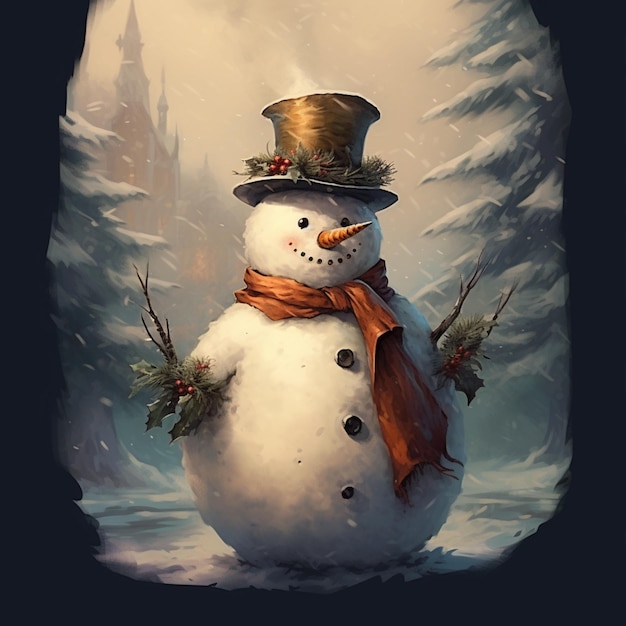 painting of a snowman with a top hat and scarf generative ai