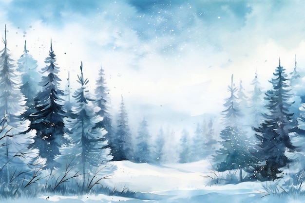 Photo a painting of a snowy forest with a blue sky and snow covered trees.