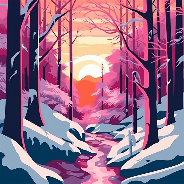 A painting of a snowy forest with a stream in the middle generative ai