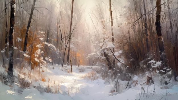 A painting of a snowy forest with trees generative AI