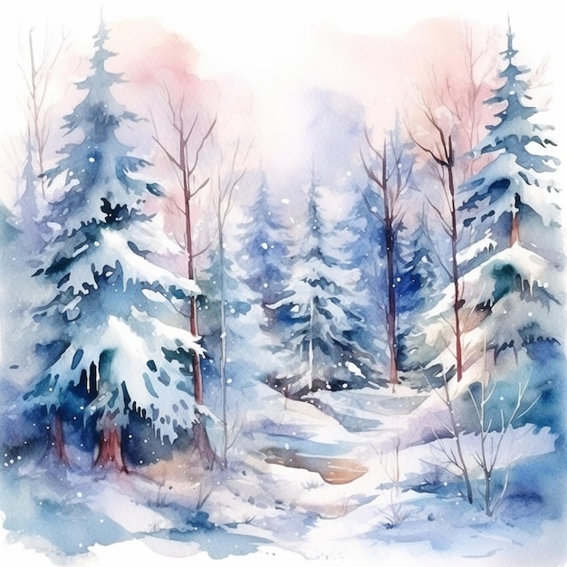 Painting of a snowy forest with trees and a stream generative ai