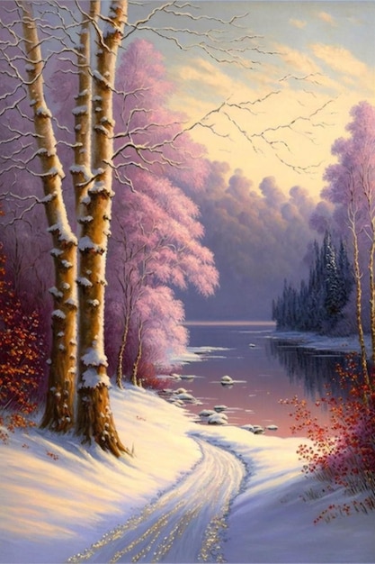 Painting of a snowy lake surrounded by trees generative ai