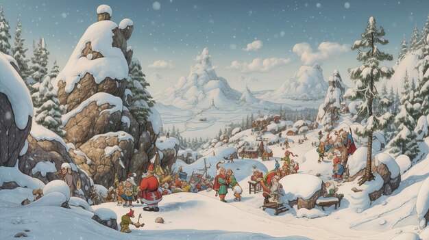 A painting of a snowy landscape with a group of elves in the snow.