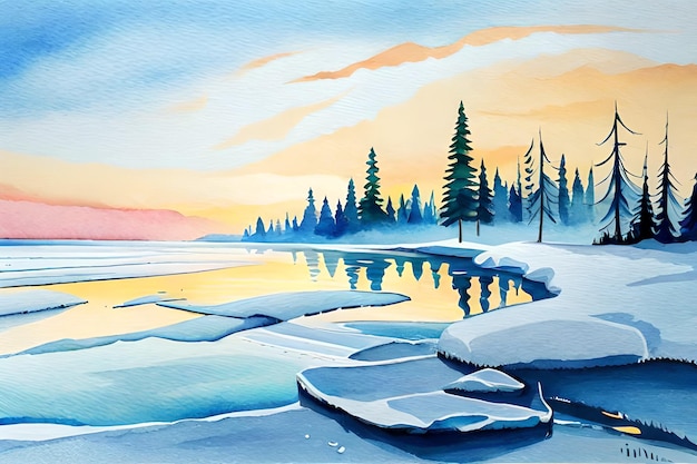 A painting of a snowy landscape with a lake and trees