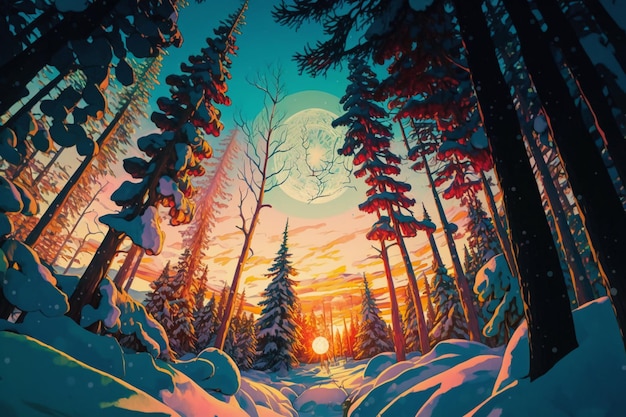 A painting of a snowy landscape with a moon in the background.
