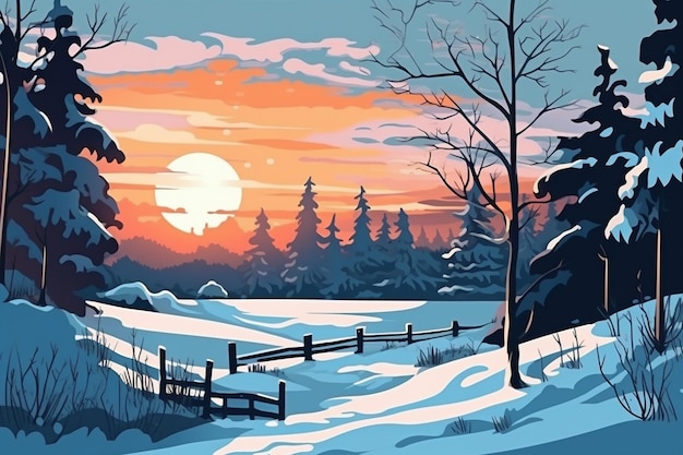 A painting of a snowy landscape with a sunset in the background.