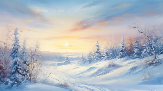 painting of a snowy landscape with trees and a sunset generative ai