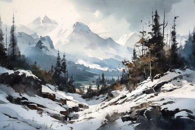 A painting of a snowy mountain landscape with a mountain in the background.