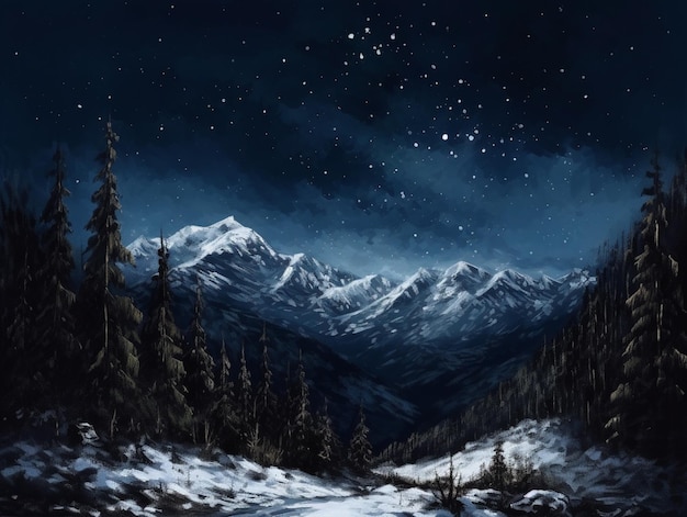 A painting of a snowy mountain landscape with a starry sky and the mountains in the background.