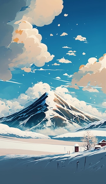 Painting of snowy mountain with clouds in the sky Generative AI