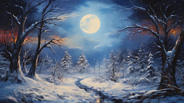 川と木々を描いた雪の夜の場面の絵
