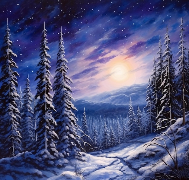 雪の夜の絵で 森を歩く道が描かれています