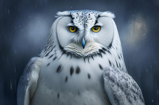 A painting of a snowy owl with yellow eyes.