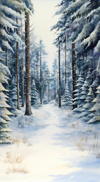 Painting of a snowy path in a forest with trees and snow generative ai