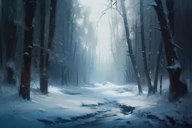 A painting of a snowy path through a forest generative AI