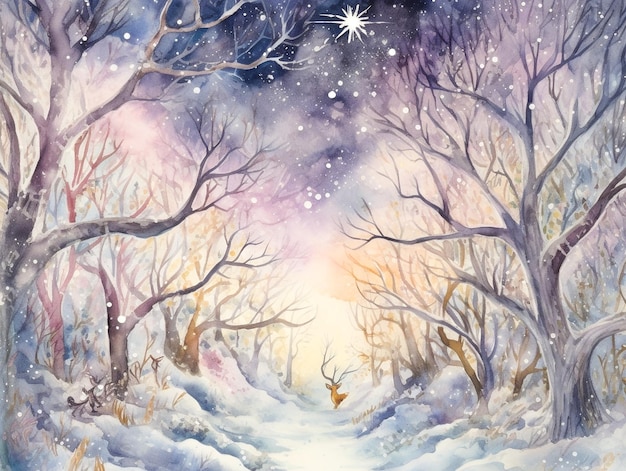 A painting of a snowy path with a deer in the snow