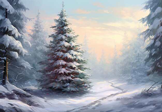 painting of a snowy path with a tree in the middle generativ ai