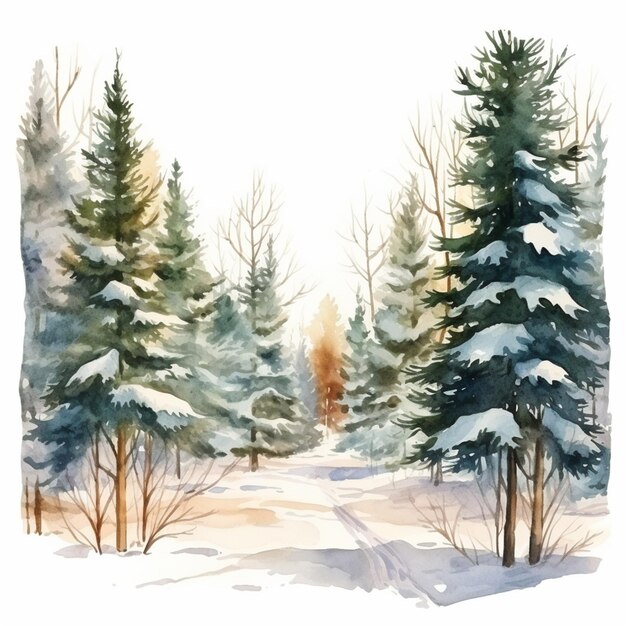 Photo a painting of a snowy path with trees and snow on the ground generative ai