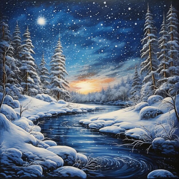 painting of a snowy river with a snowy forest and a full moon generative ai