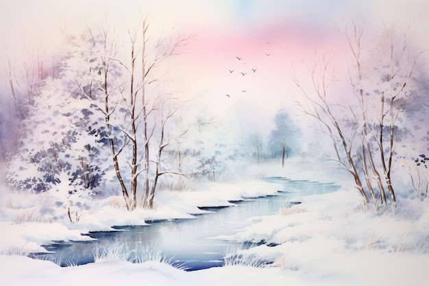 painting of a snowy river with trees and birds flying in the sky generative ai