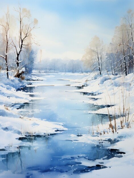 Painting of a snowy river with trees and snow on the bank generative ai