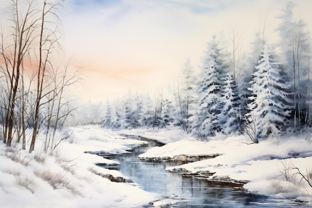 painting of a snowy river with trees and snow on the bank generative ai