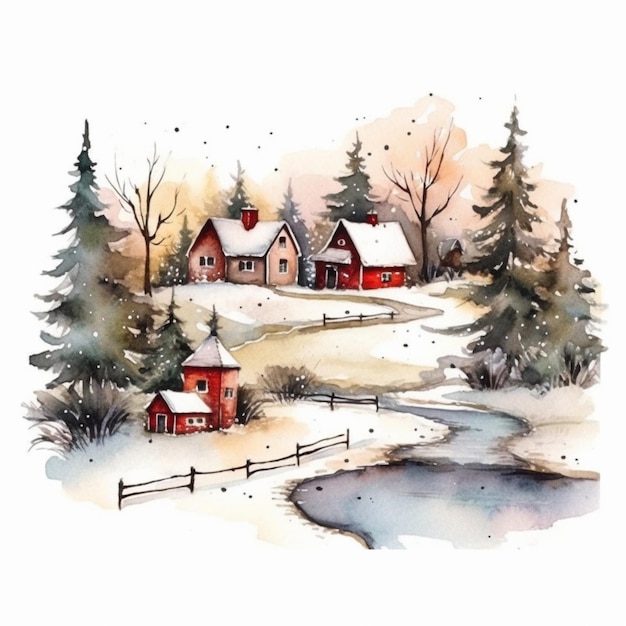 a painting of a snowy scene with a red house and a stream generative ai