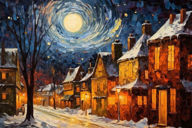A painting of a snowy street with a moon in the sky.