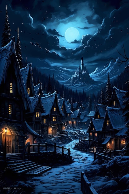 A painting of a snowy village with a moon in the background.