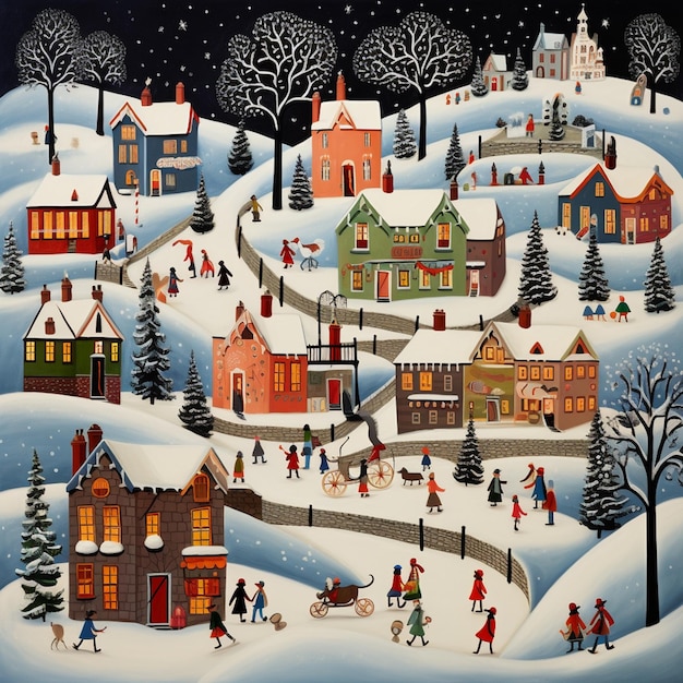 painting of a snowy village with people and a dog generative ai