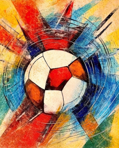 A painting of a soccer ball with a red and blue background.