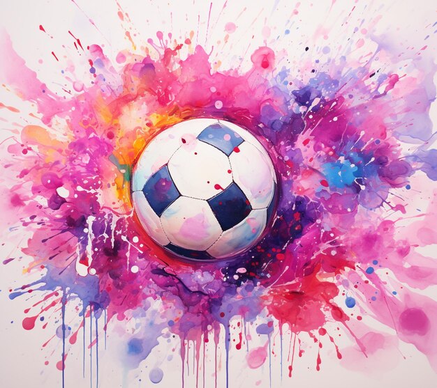 Foto pittura di una palla da calcio con una spruzzatura di vernice su di essa generativa ai