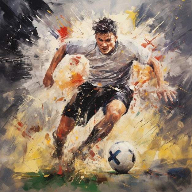 Photo painting of a soccer player kicking a soccer ball with a lot of paint splatters generative ai