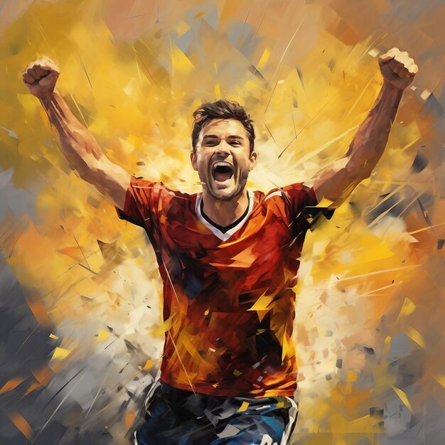 A painting of a soccer player with his arms in the air