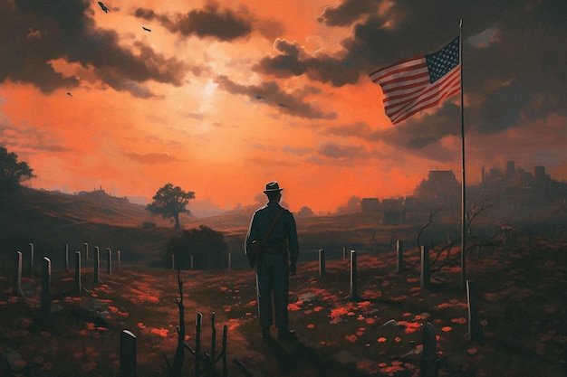 A painting of a soldier in front of a flag that says'american'on it