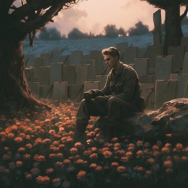 A painting of a soldier standing in a cemetery Memorial day