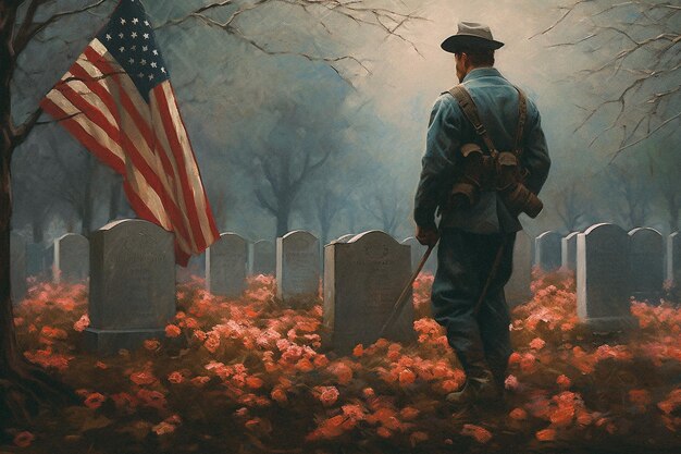 A painting of a soldier standing in a cemetery Memorial day