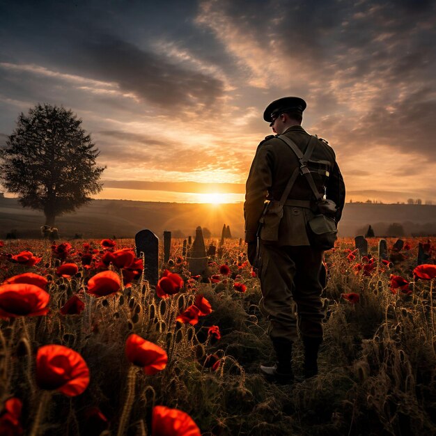 Foto un dipinto di un soldato in piedi in un campo di papaveri sullo sfondo di una bandiera americana che ondeggia