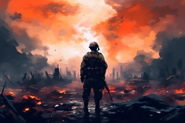 painting of a soldier stands in a burnt city with a rifle